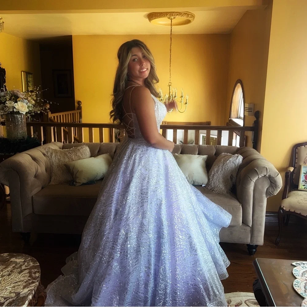 Elegant Pastel Purple Ballgown with Sheer Details, corset waist, silver glitter - Picture 9 of 11